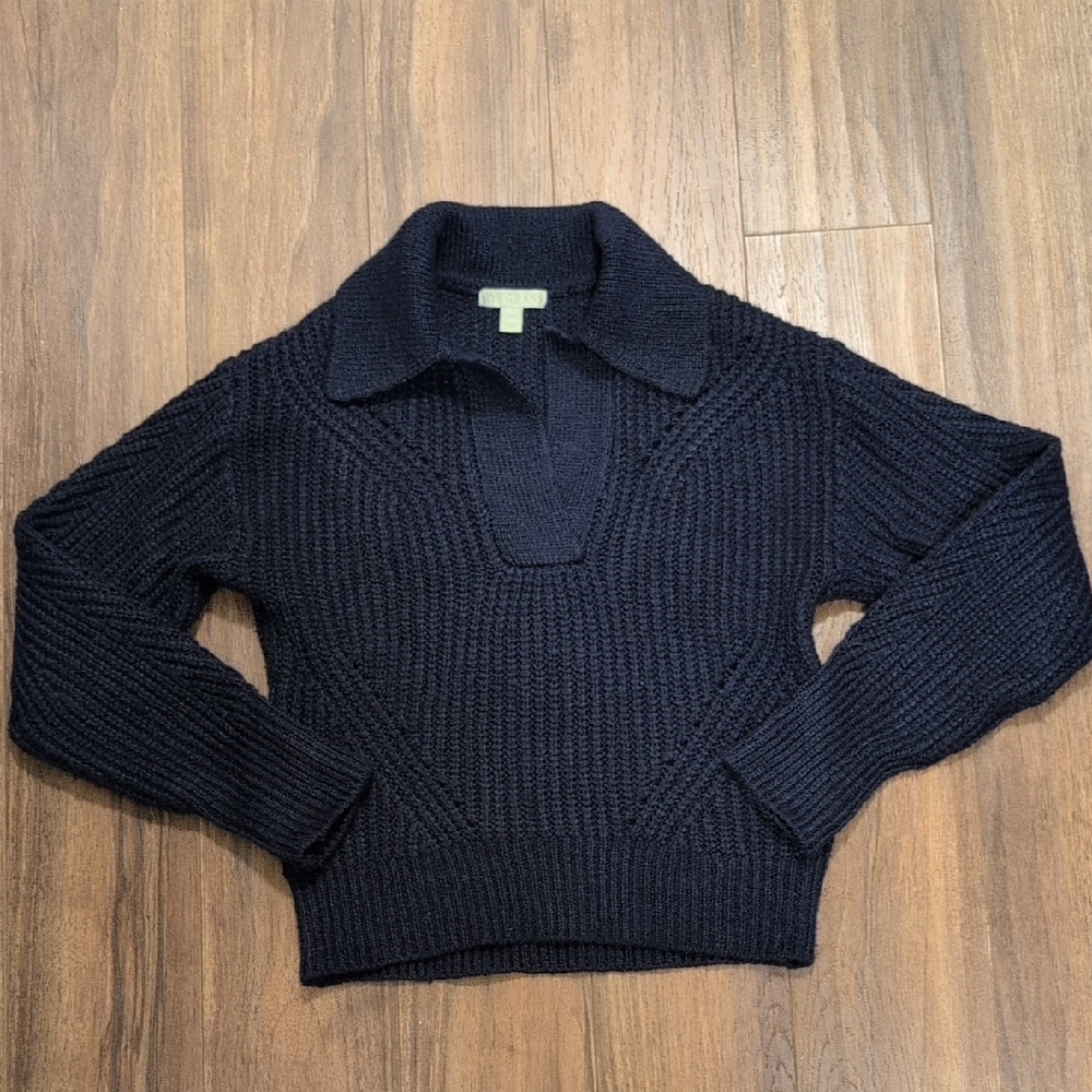 Women's Navy Knit Open Collar Sweater